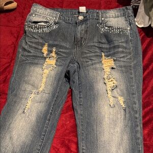 VENUS Studded Distressed Blue Skinny Jeans